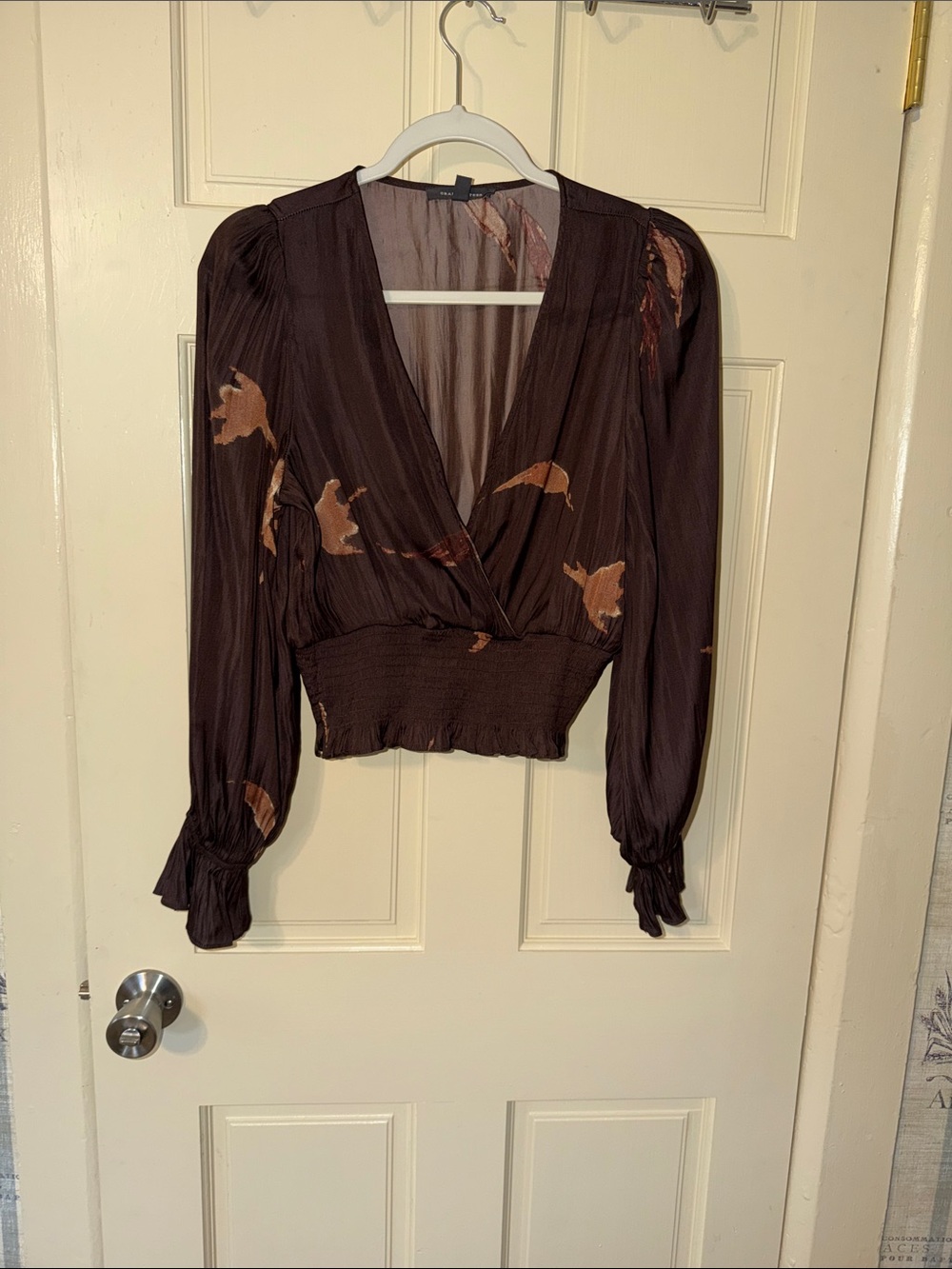 Brown Floral Wrap-Style Long Sleeve Blouse